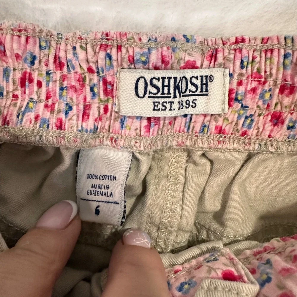 OshKosh B'gosh Chino Shorts 6 Khaki Floral Embroidered Elastic Back Girls